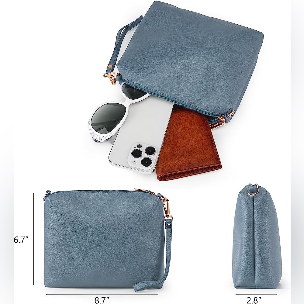 DENIM BLUE SUPER SOFT VEGAN LEATHER SHOULDER BAG AND COIN CLUTCH 2 PIECE SET - Picture 6 of 6